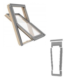 Okno Dachowe drewniane RoofLITE+ TRIO PINE- rozmiar 66 x 118 cm +   kołnierz do pokryć płaskich LSX - pakiet  3-szybowy 