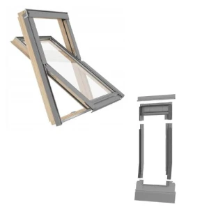 Okno Dachowe drewniane RoofLITE+ TRIO PINE- rozmiar 55 x 98 cm + kołnierz do pokryć falistych TFX  - pakiet  3-szybowy